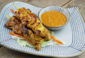 Gluten free grilled chicken satay is a tasty starter. Why not pair it with a fresh salad for a simple healthy dinner for 1.